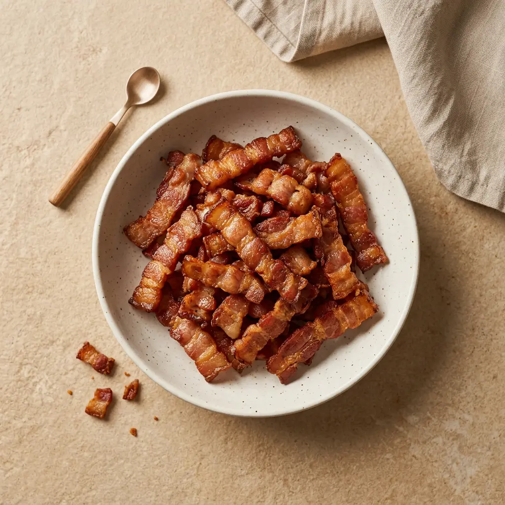Foto ar Bekona kubiņi karstā gaisa fritētājā, kas pagatavots karstā gaisa fritētājā