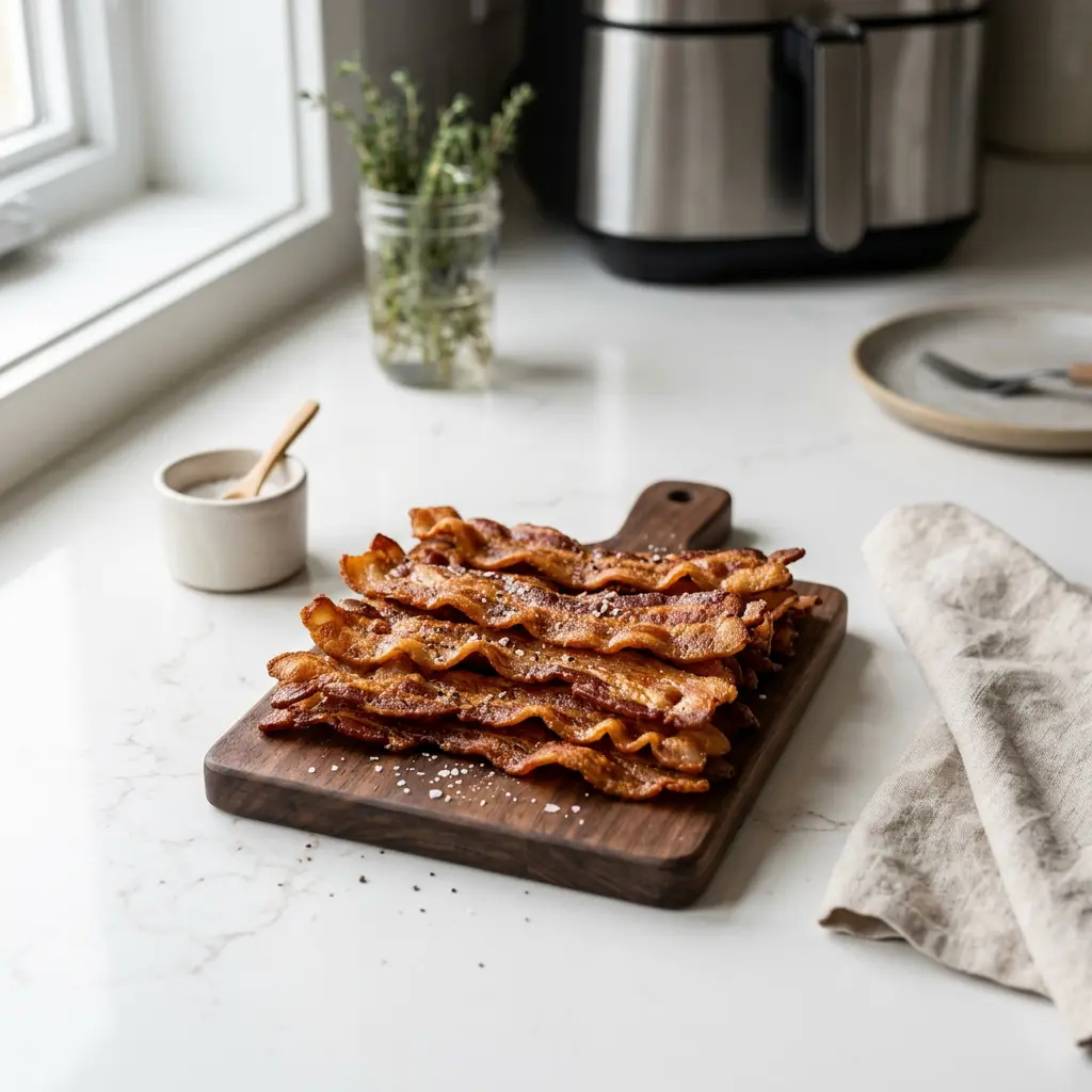 Foto ar Bekons karstā gaisa fritētājā, kas pagatavots karstā gaisa fritētājā