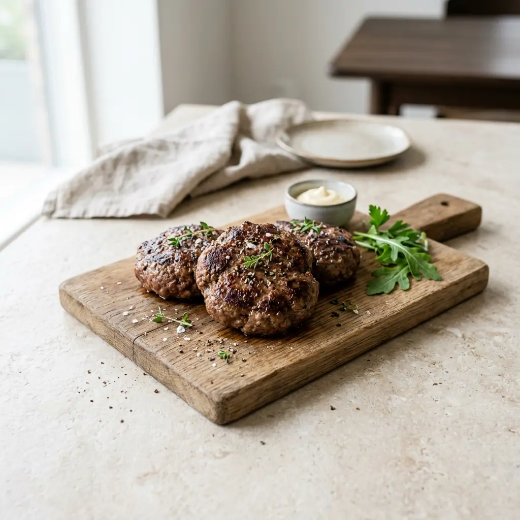 Foto ar Burgeru kotletes karstā gaisa fritētājā, kas pagatavots karstā gaisa fritētājā