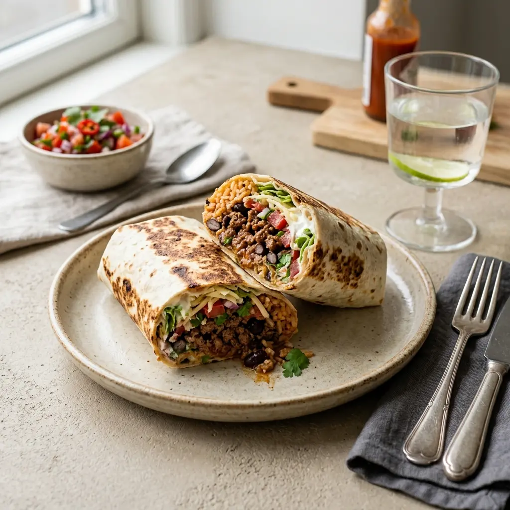 Gatavā ēdiena receptes burito ar liellopa gaļu foto