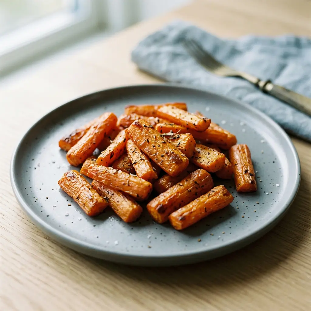 Foto ar Burkāni karstā gaisa fritētājā, kas pagatavots karstā gaisa fritētājā