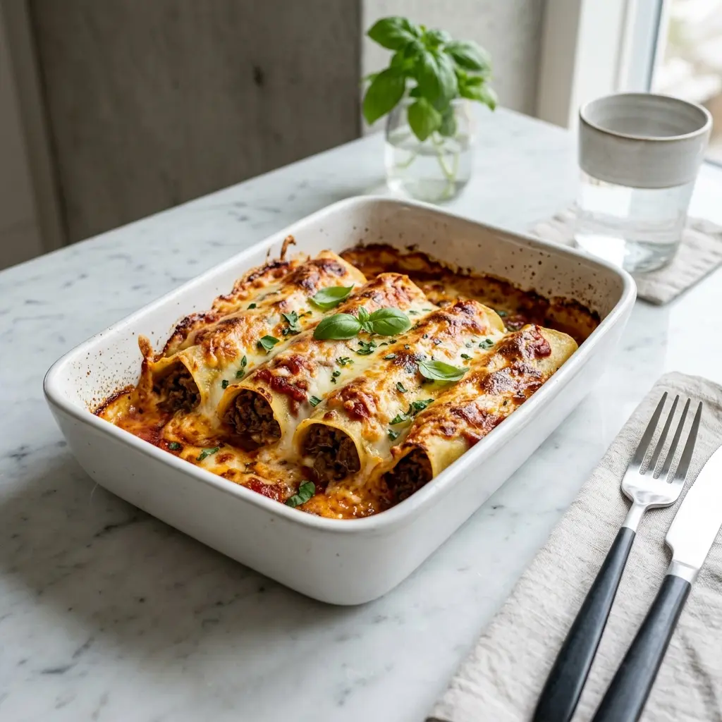 Gatavā ēdiena receptes cannelloni ar liellopa gaļu foto