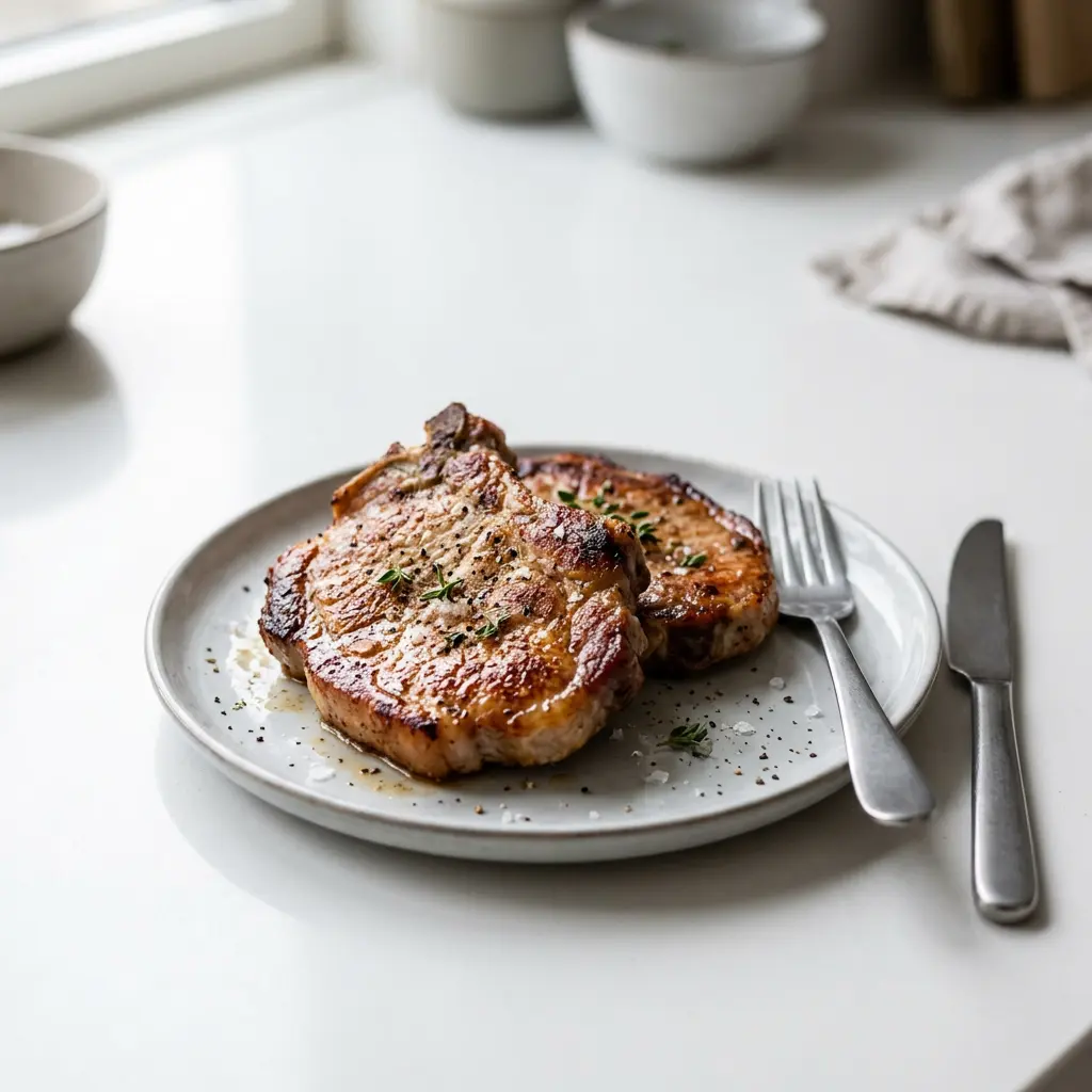 Foto ar Cūkgaļas kakla karbonādes karstā gaisa fritētājā, kas pagatavots karstā gaisa fritētājā