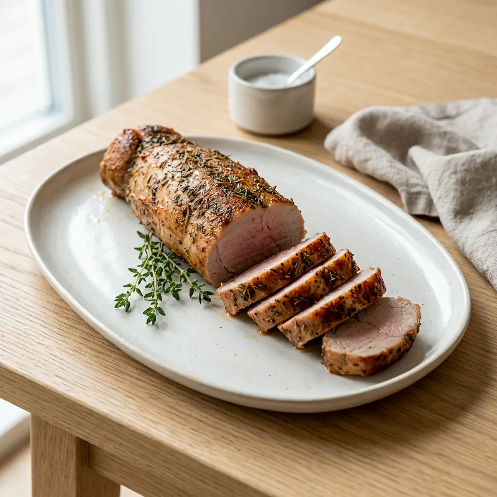 Foto ar Cūkgaļas muguras fileja karstā gaisa fritētājā, kas pagatavots karstā gaisa fritētājā
