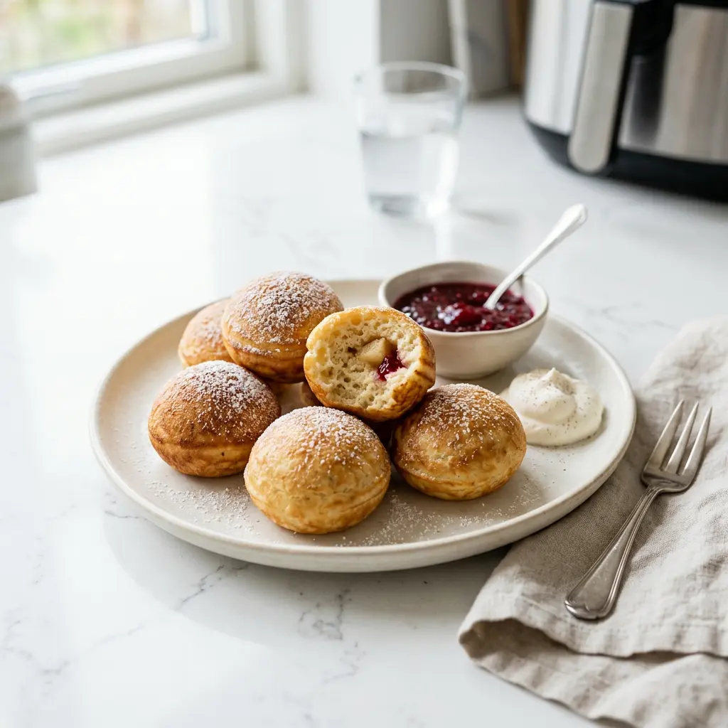 Foto ar Dāņu æbleskiver pankūku bumbiņas karstā gaisa fritētājā, kas pagatavots karstā gaisa fritētājā