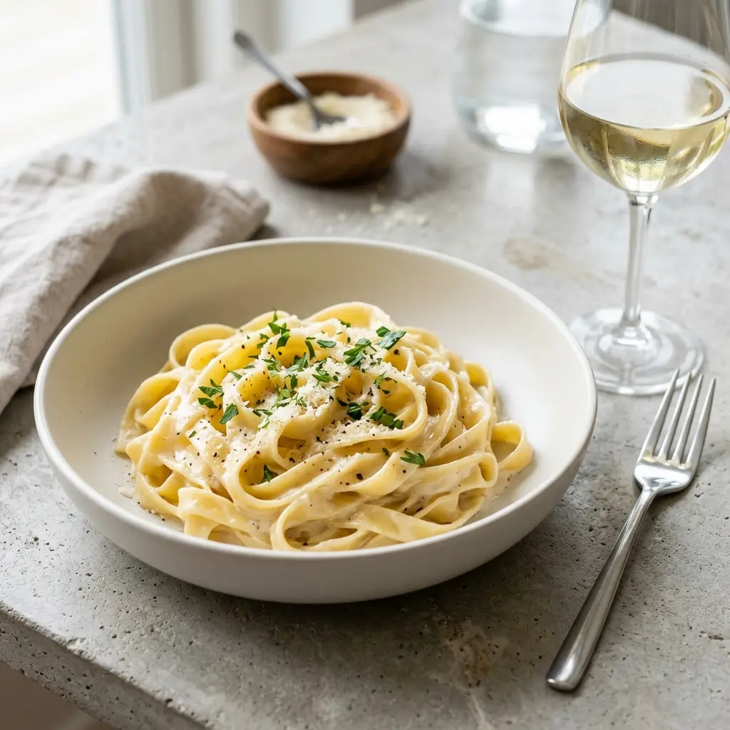 Gatavā ēdiena receptes fettuccine Alfredo foto