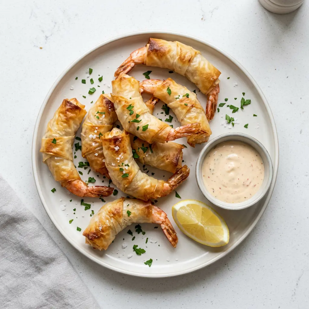 Foto ar Garneles mīklā karstā gaisa fritētājā, kas pagatavots karstā gaisa fritētājā