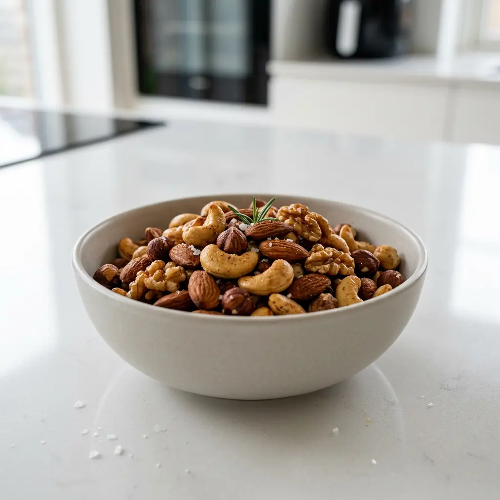 Foto ar Grauzdēti rieksti karstā gaisa fritētājā, kas pagatavots karstā gaisa fritētājā