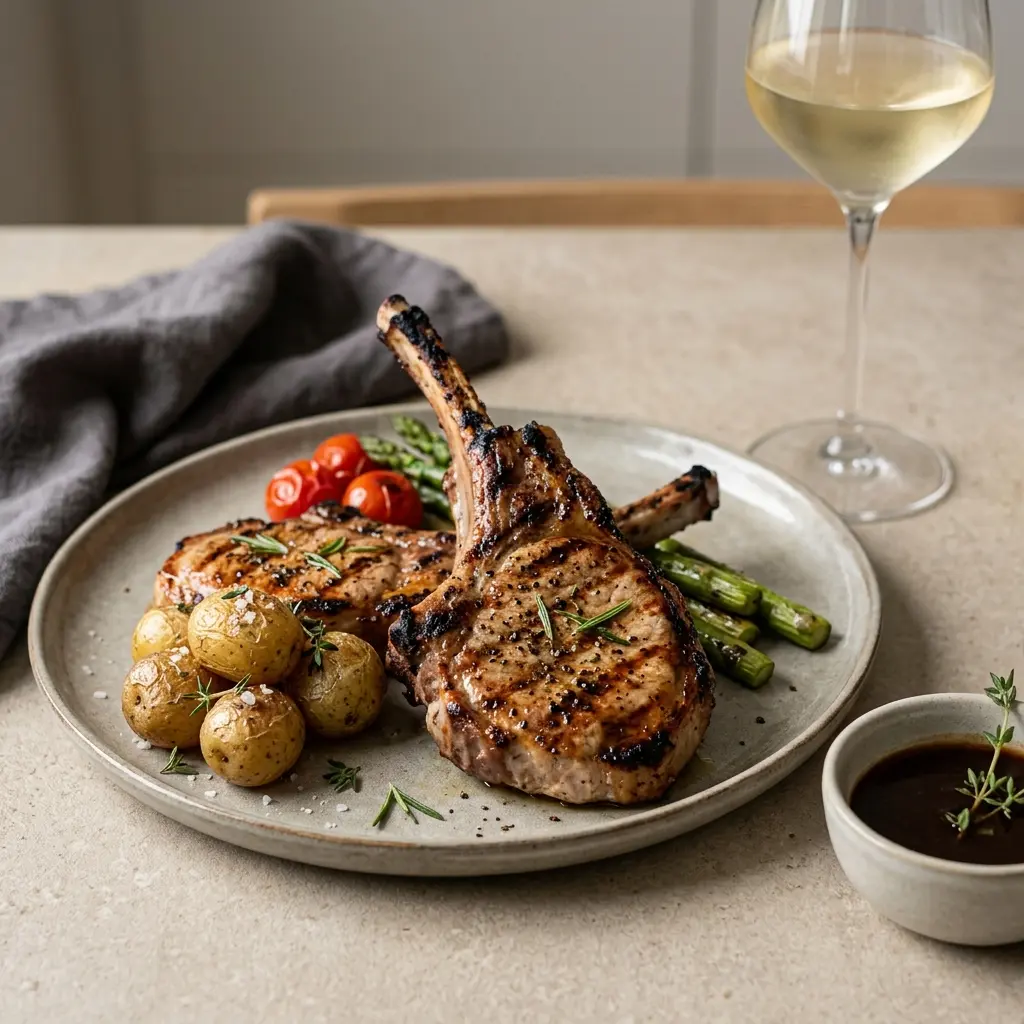 Gatavā ēdiena receptes grilētas karbonādes ar kaulu foto