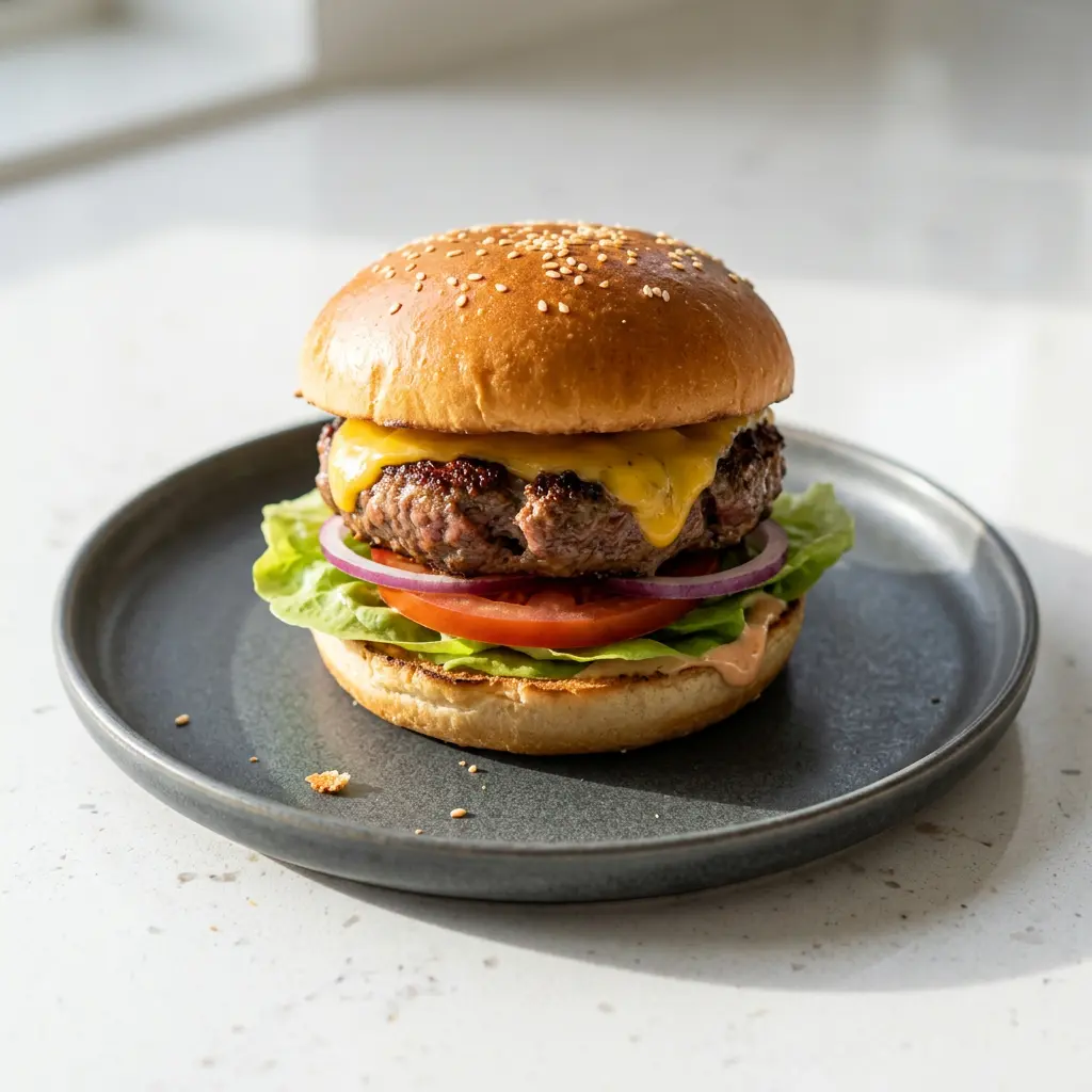 Foto ar Hamburgers karstā gaisa fritētājā, kas pagatavots karstā gaisa fritētājā