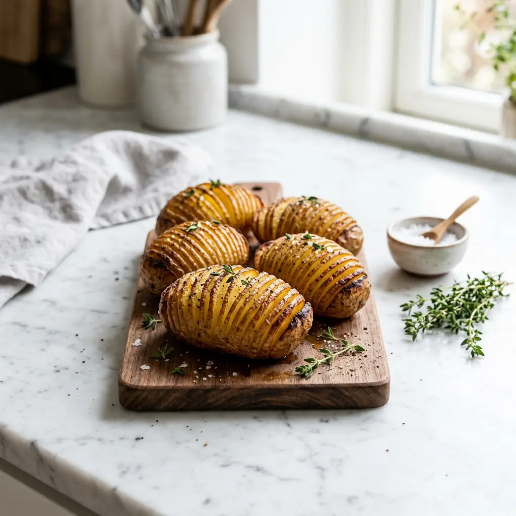 Foto ar Hasselback kartupeļi karstā gaisa fritētājā, kas pagatavots karstā gaisa fritētājā
