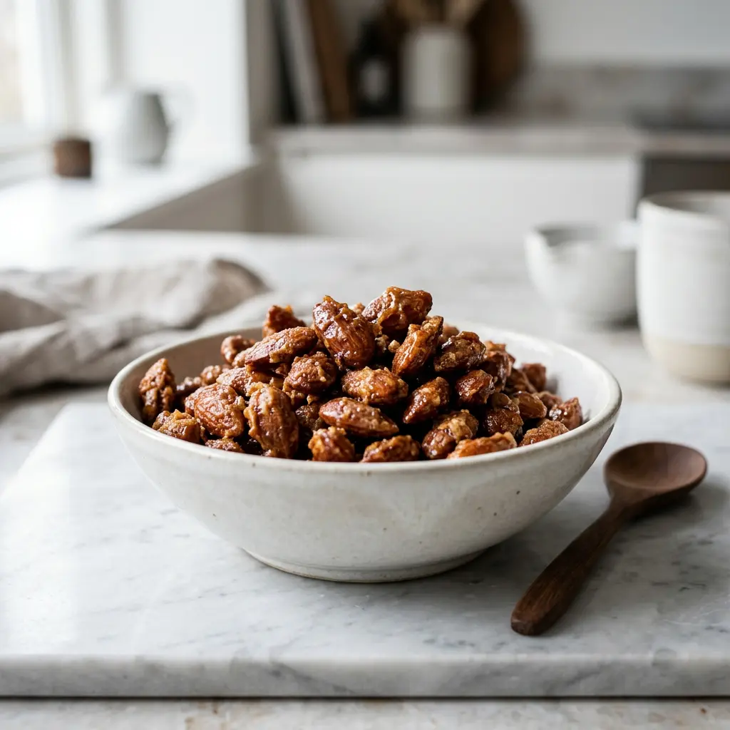 Foto ar Karamelizētas mandeles karstā gaisa fritētājā, kas pagatavots karstā gaisa fritētājā