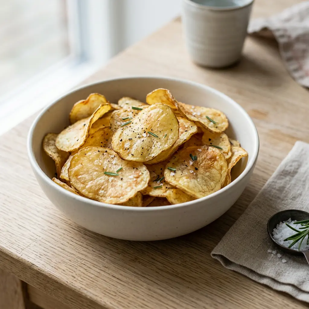 Foto ar Kartupeļu čipsi karstā gaisa fritētājā, kas pagatavots karstā gaisa fritētājā
