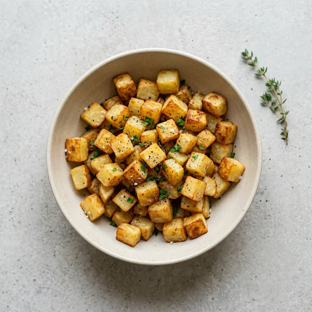 Foto ar Kartupeļu kubiņi karstā gaisa fritētājā, kas pagatavots karstā gaisa fritētājā