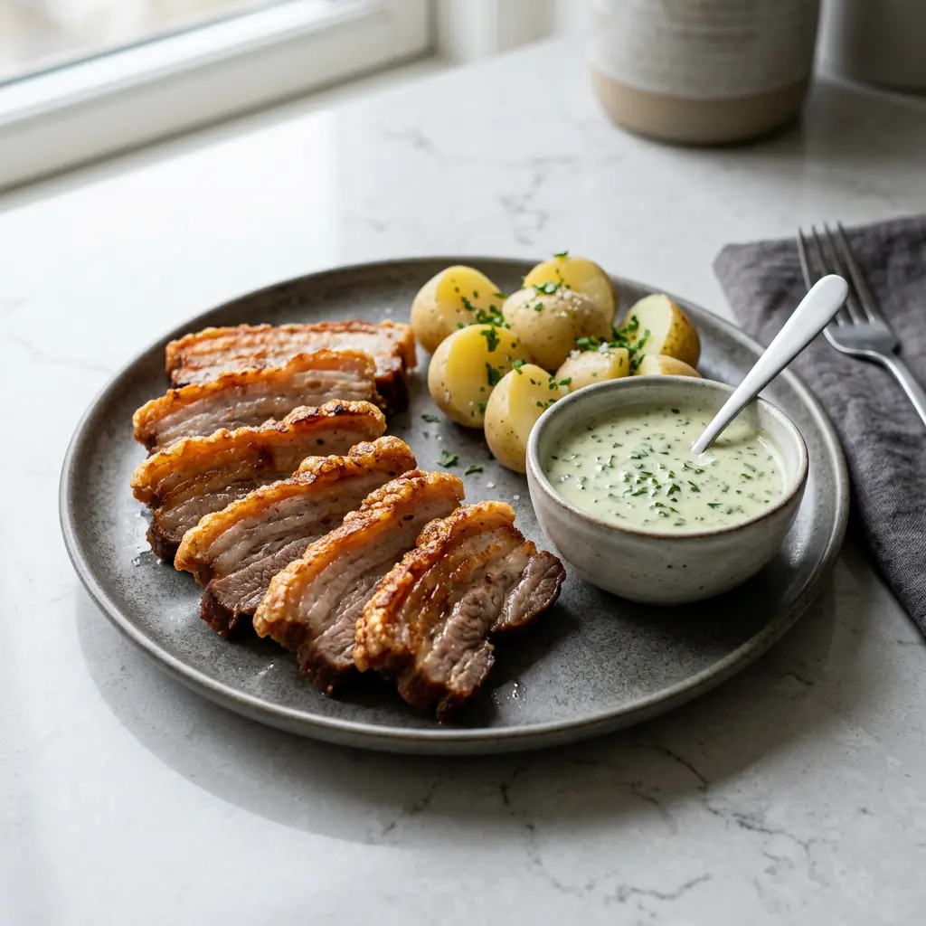 Foto ar Kraukšķīgs cūkgaļas sāns karstā gaisa fritētājā, kas pagatavots karstā gaisa fritētājā
