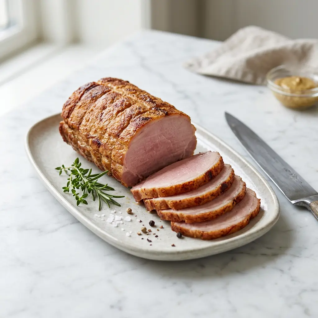 Foto ar Kūpināta cūkgaļas muguras daļa karstā gaisa fritētājā, kas pagatavots karstā gaisa fritētājā
