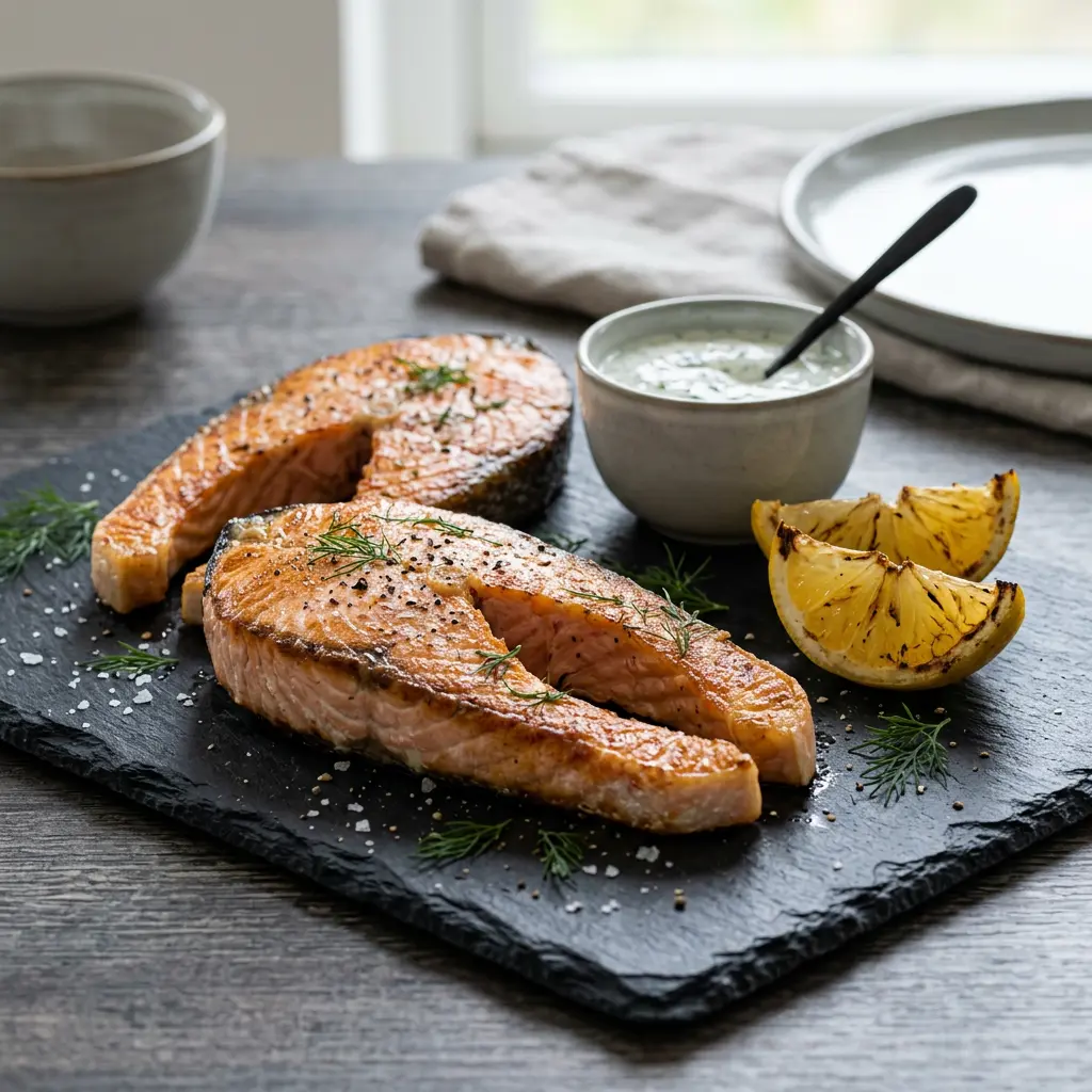 Foto ar Laša steiki karstā gaisa fritētājā, kas pagatavots karstā gaisa fritētājā