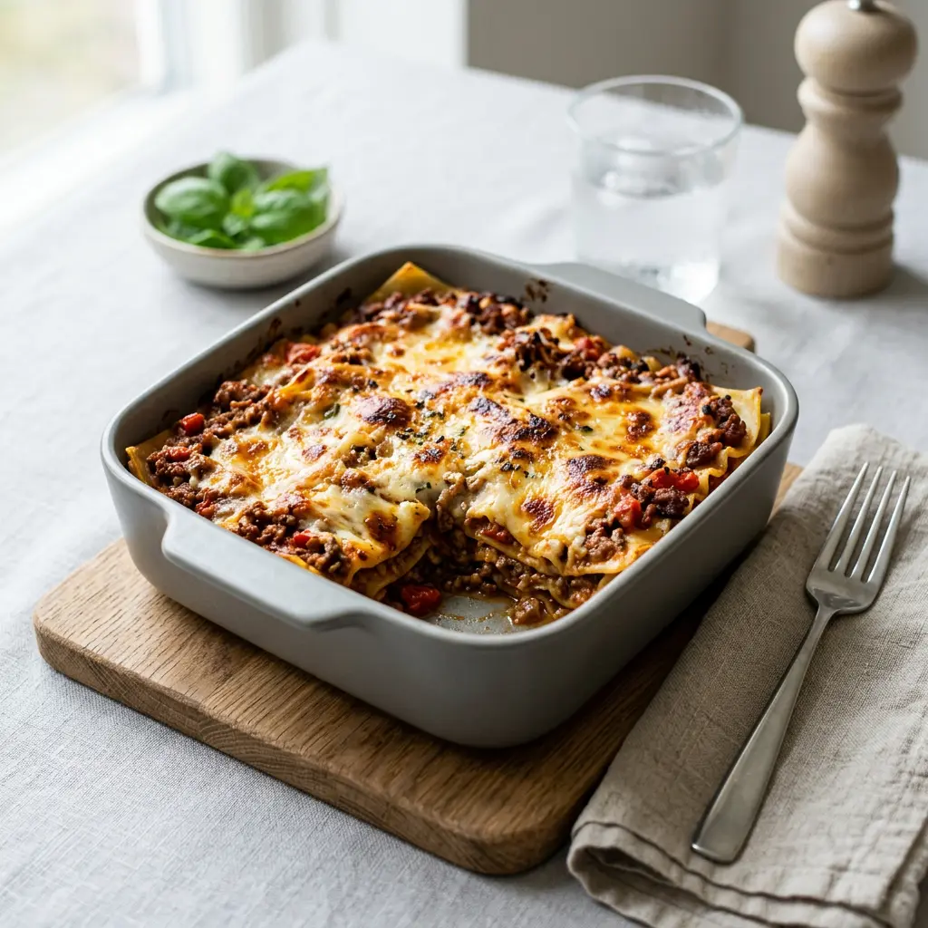 Foto ar Lasagnette karstā gaisa fritētājā, kas pagatavots karstā gaisa fritētājā