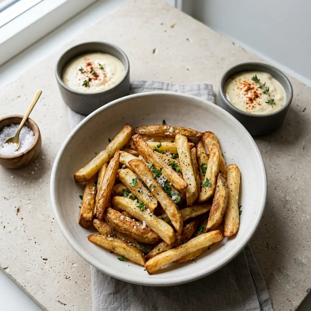 Foto ar Mājās gatavoti frī kartupeļi karstā gaisa fritētājā, kas pagatavots karstā gaisa fritētājā