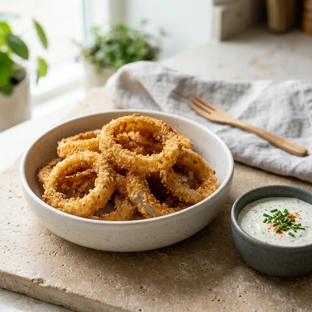 Foto ar Panēti sīpolu gredzeni karstā gaisa fritētājā, kas pagatavots karstā gaisa fritētājā