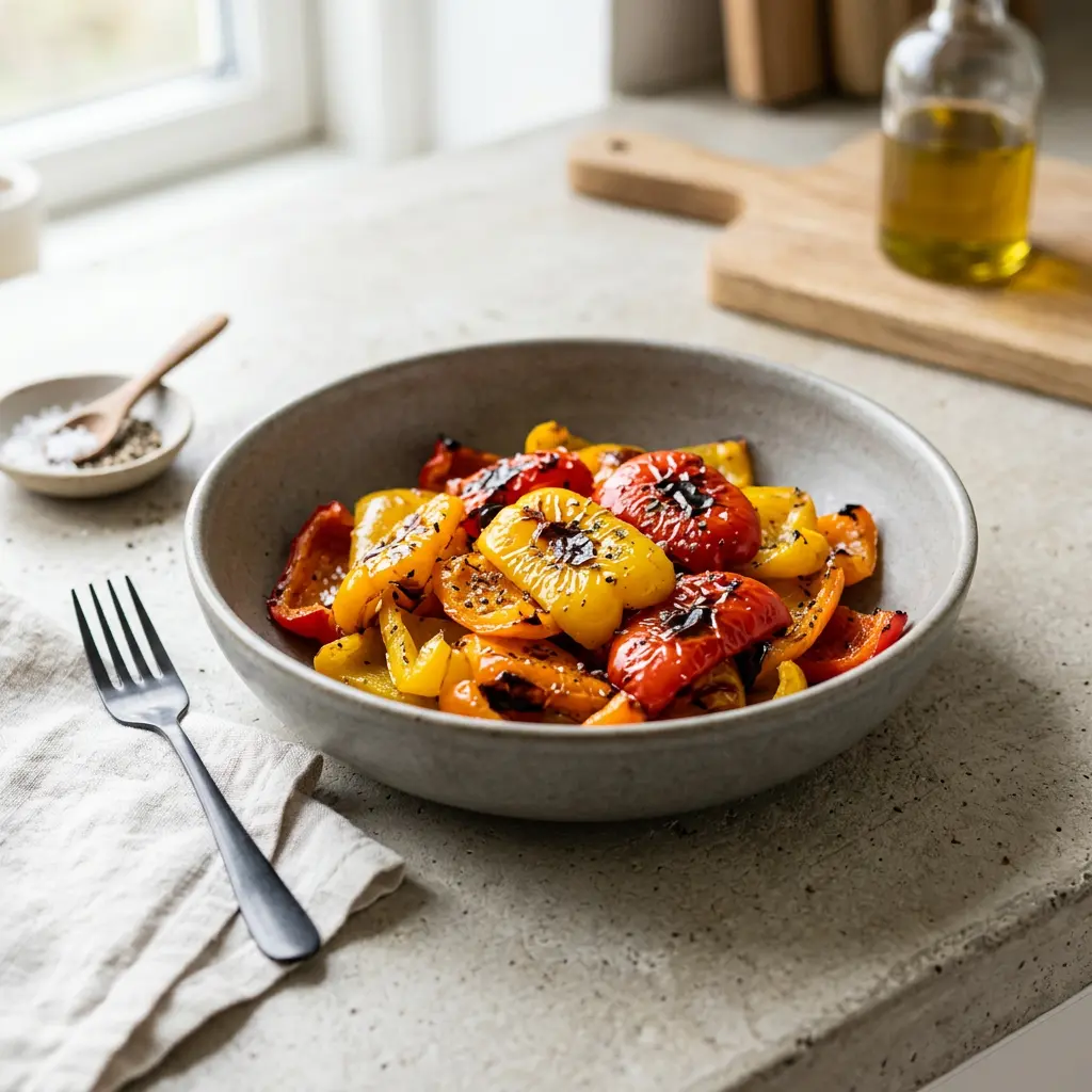 Foto ar Paprika karstā gaisa fritētājā, kas pagatavots karstā gaisa fritētājā