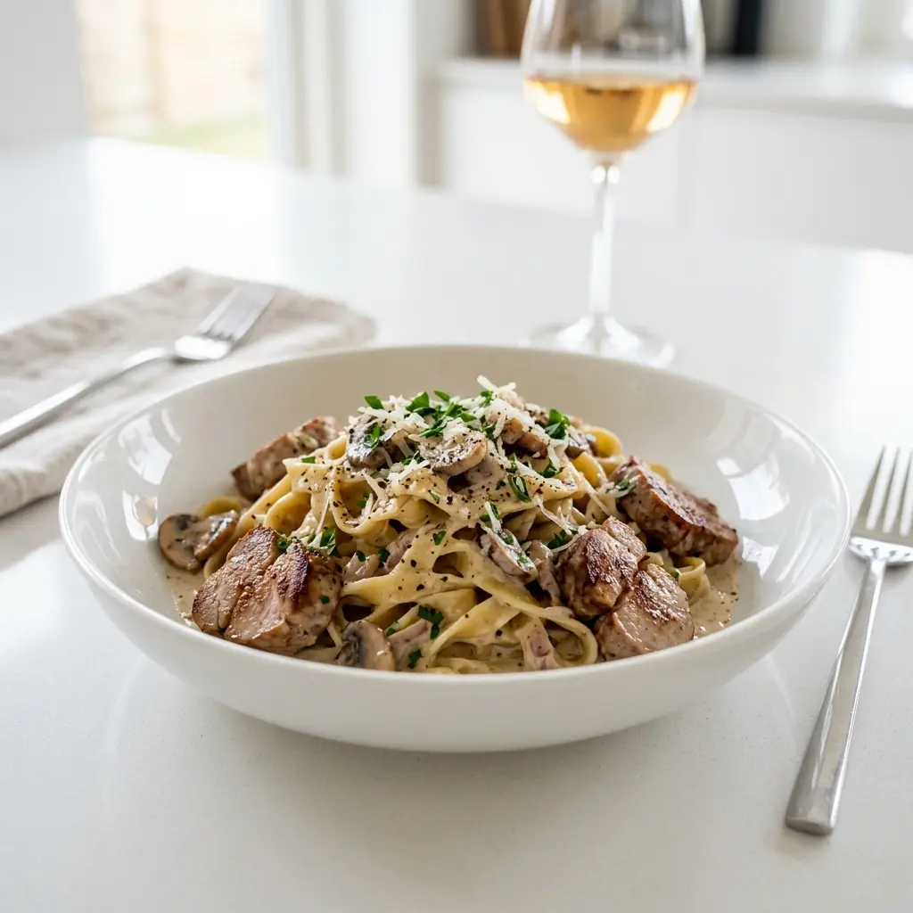 Gatavā ēdiena receptes pasta ar cūkgaļas fileju foto