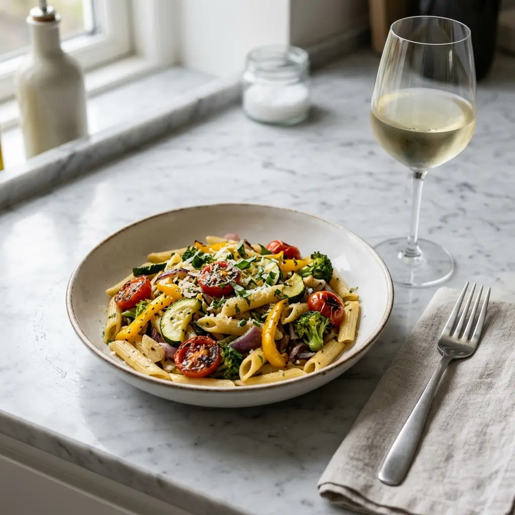 Gatavā ēdiena receptes pasta ar dārzeņiem foto
