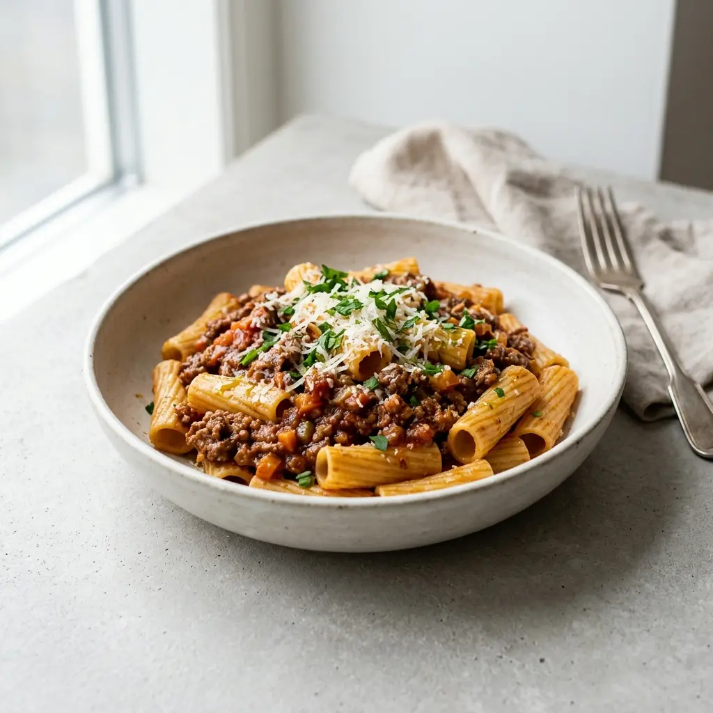 Gatavā ēdiena receptes pasta ar gaļas mērci foto