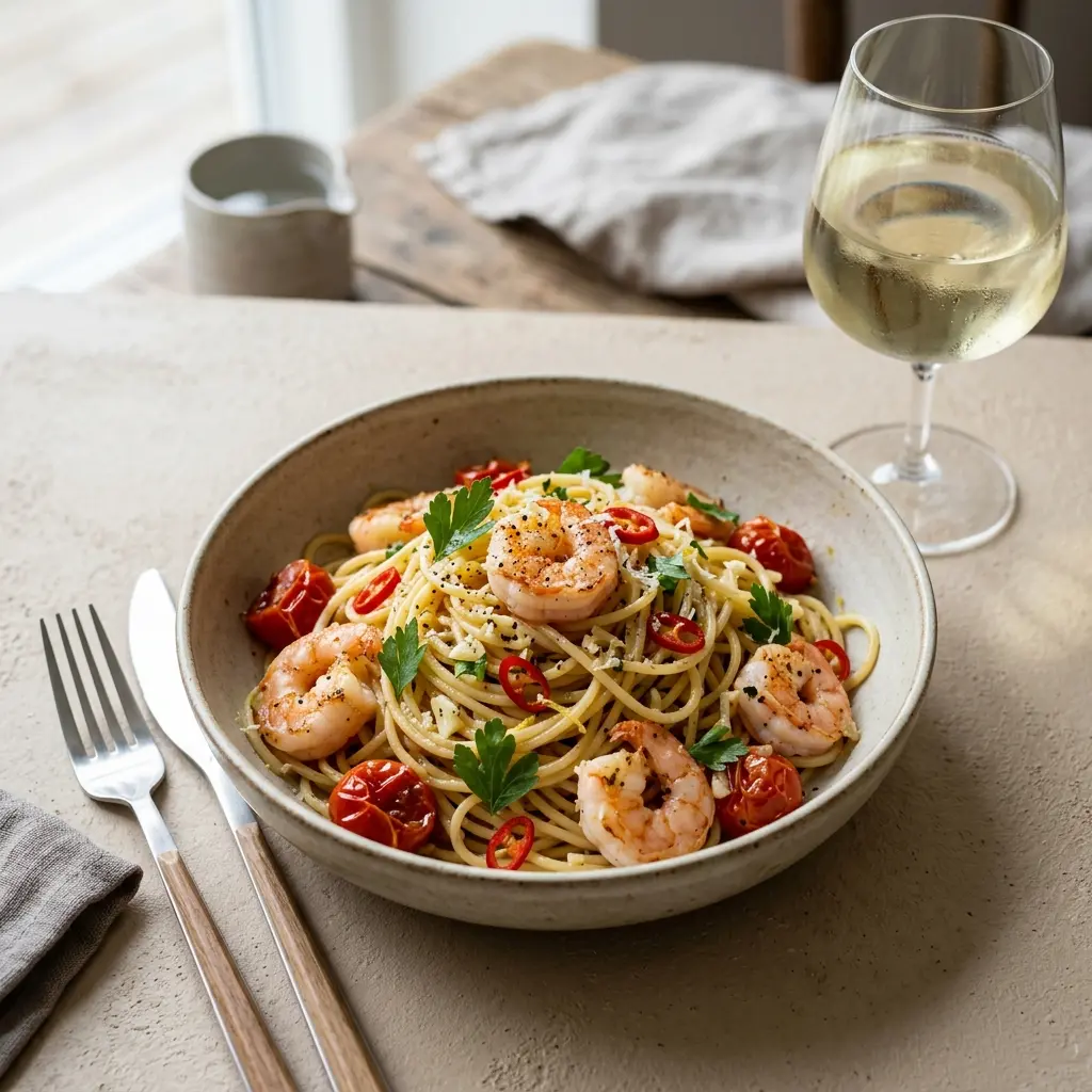 Gatavā ēdiena receptes pasta ar garnelēm un čili foto