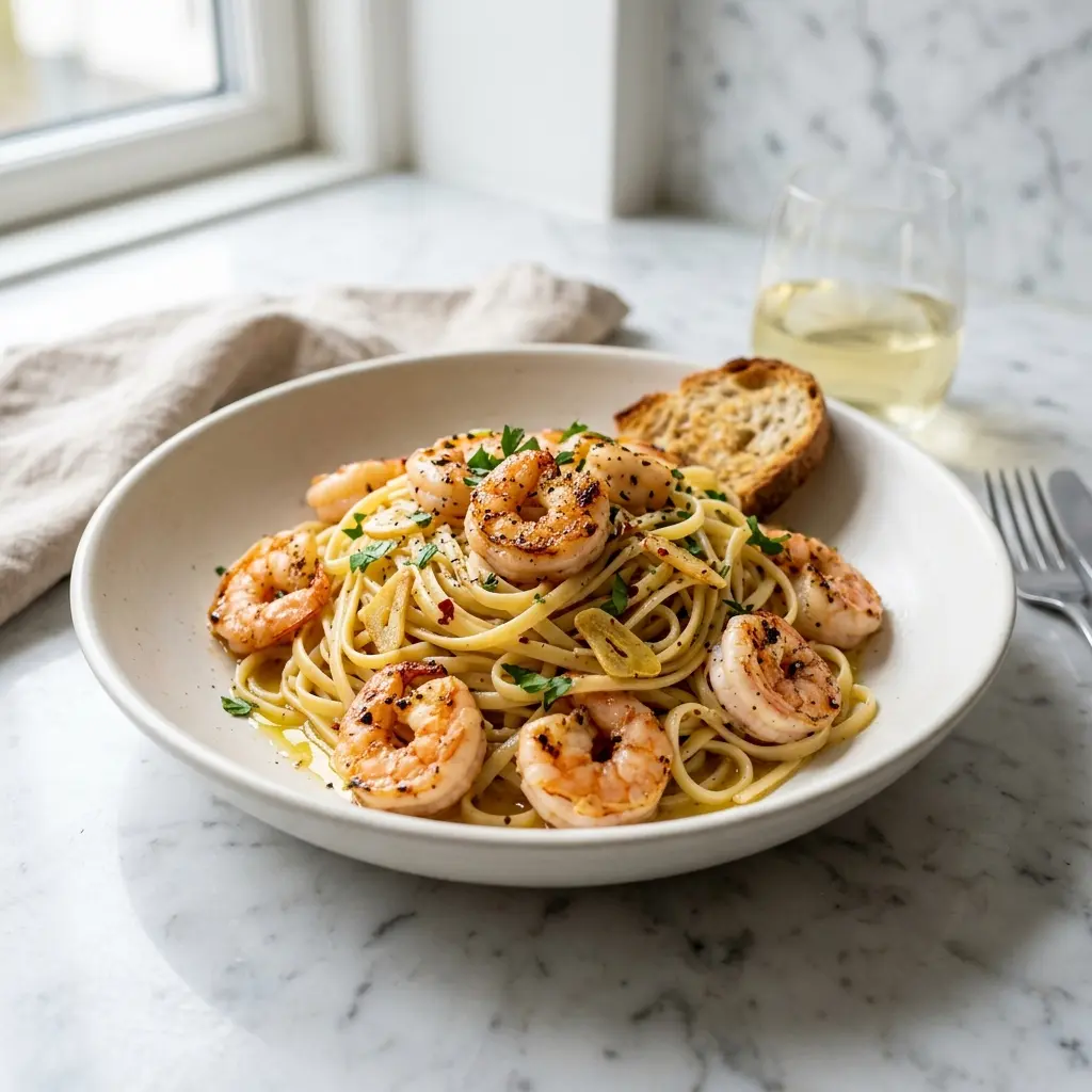 Gatavā ēdiena receptes pasta ar garnelēm un ķiplokiem foto