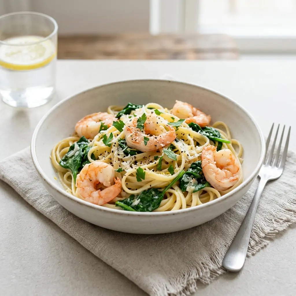 Gatavā ēdiena receptes pasta ar garnelēm un spinātiem foto