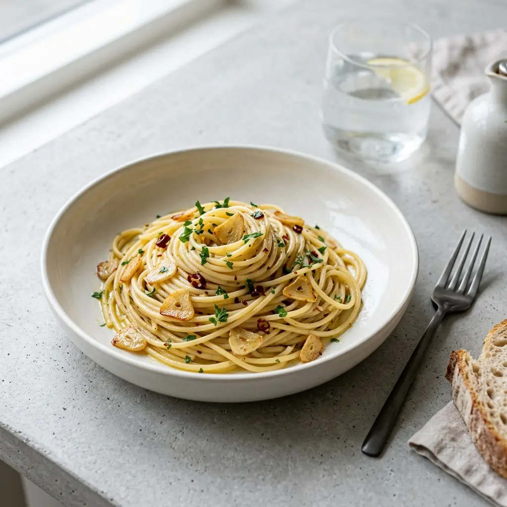 Gatavā ēdiena receptes pasta ar ķiplokiem un eļļu foto