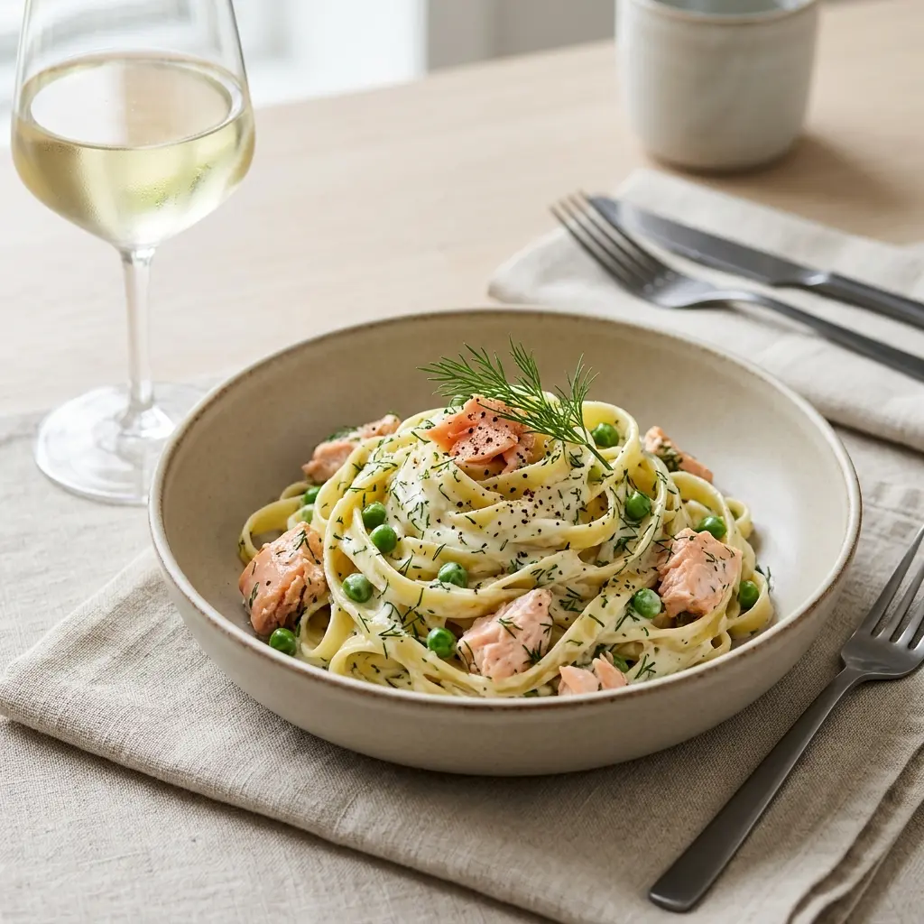 Gatavā ēdiena receptes pasta ar lasi un krējuma mērci foto