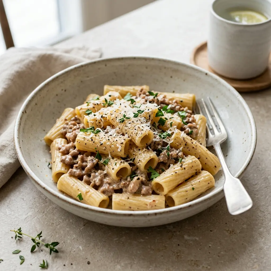 Gatavā ēdiena receptes pasta ar maltu cūkgaļu un krējumu foto
