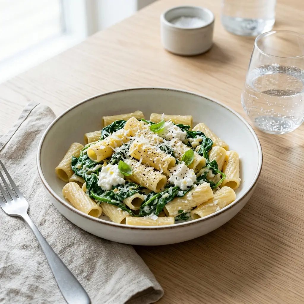 Gatavā ēdiena receptes pasta ar spinātiem un rikotu foto