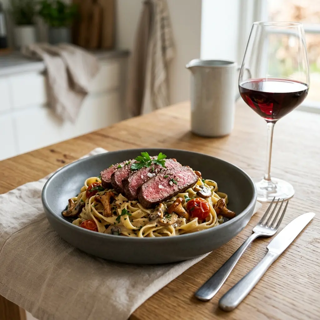 Gatavā ēdiena receptes pasta ar steiku foto