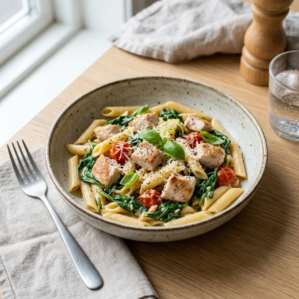 Gatavā ēdiena receptes pasta ar tītaru un spinātiem foto