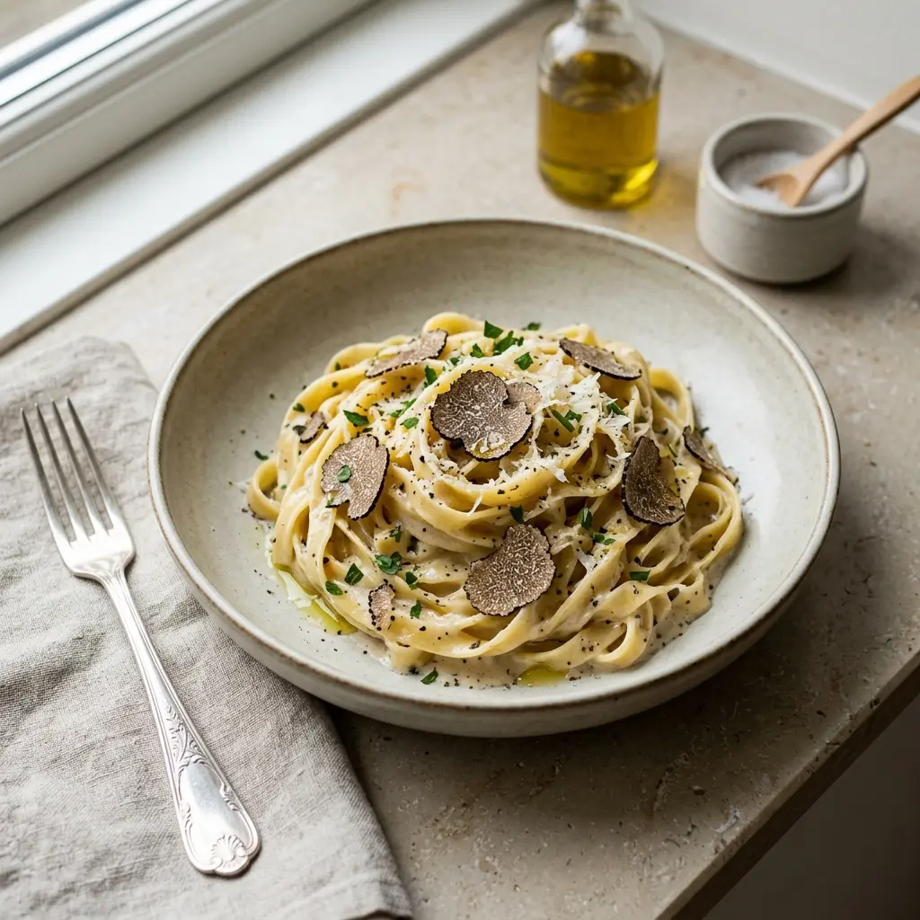 Gatavā ēdiena receptes pasta ar trifelēm foto