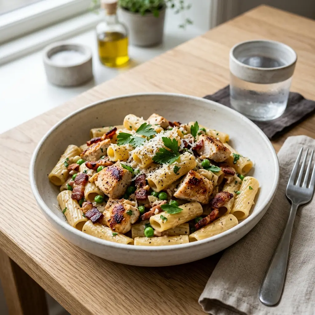 Gatavā ēdiena receptes pasta ar vistu un bekonu foto