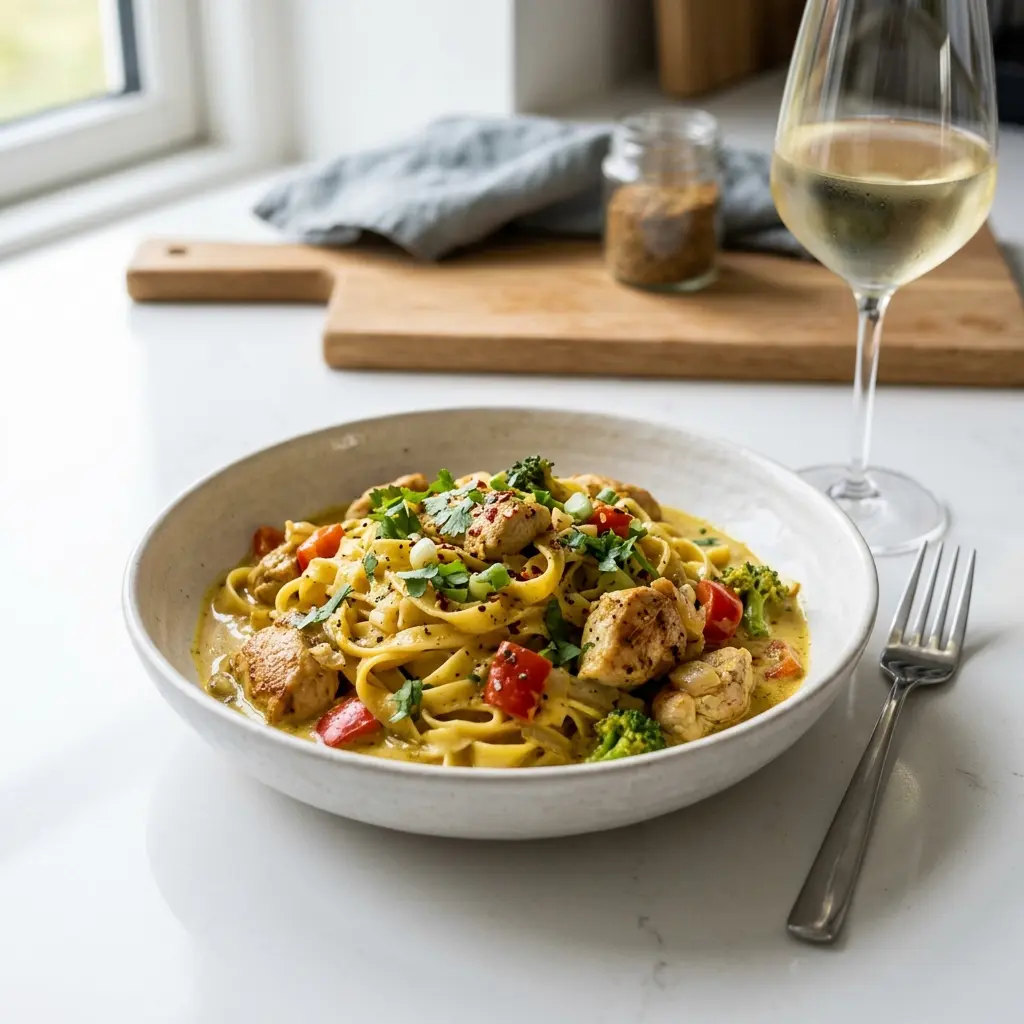 Gatavā ēdiena receptes pasta ar vistu un kariju foto