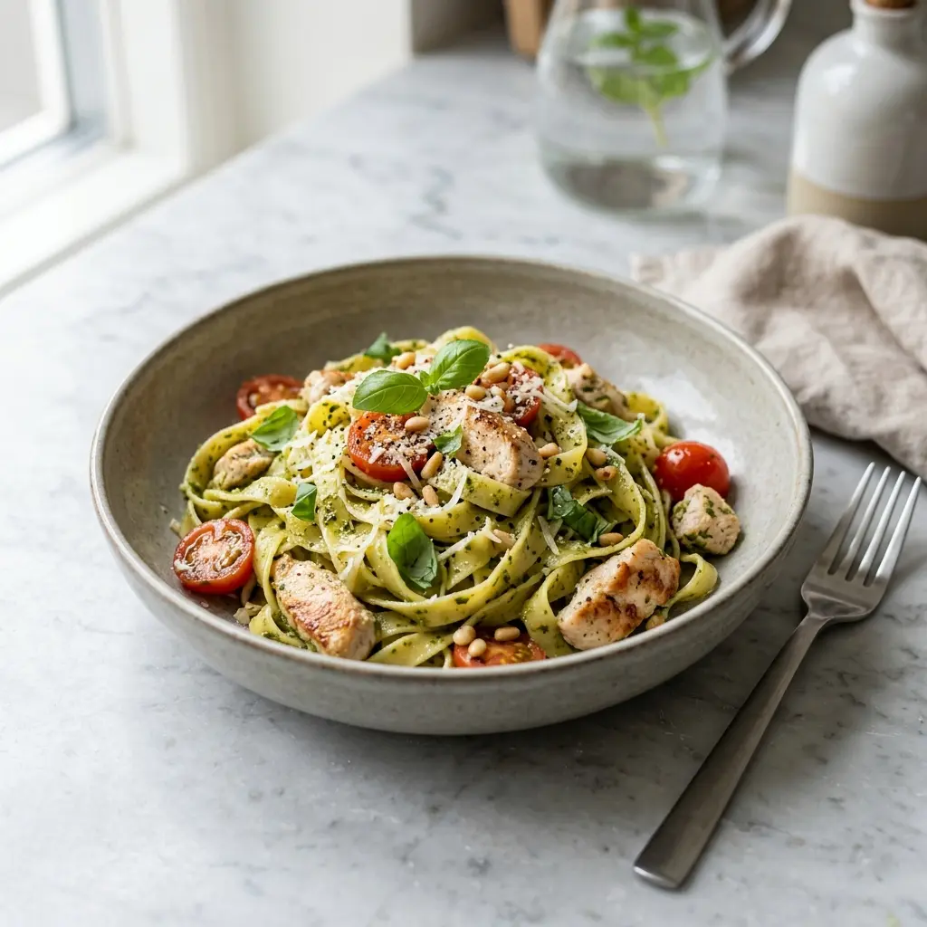 Mērces vai piedevas receptes pasta ar vistu un pesto foto