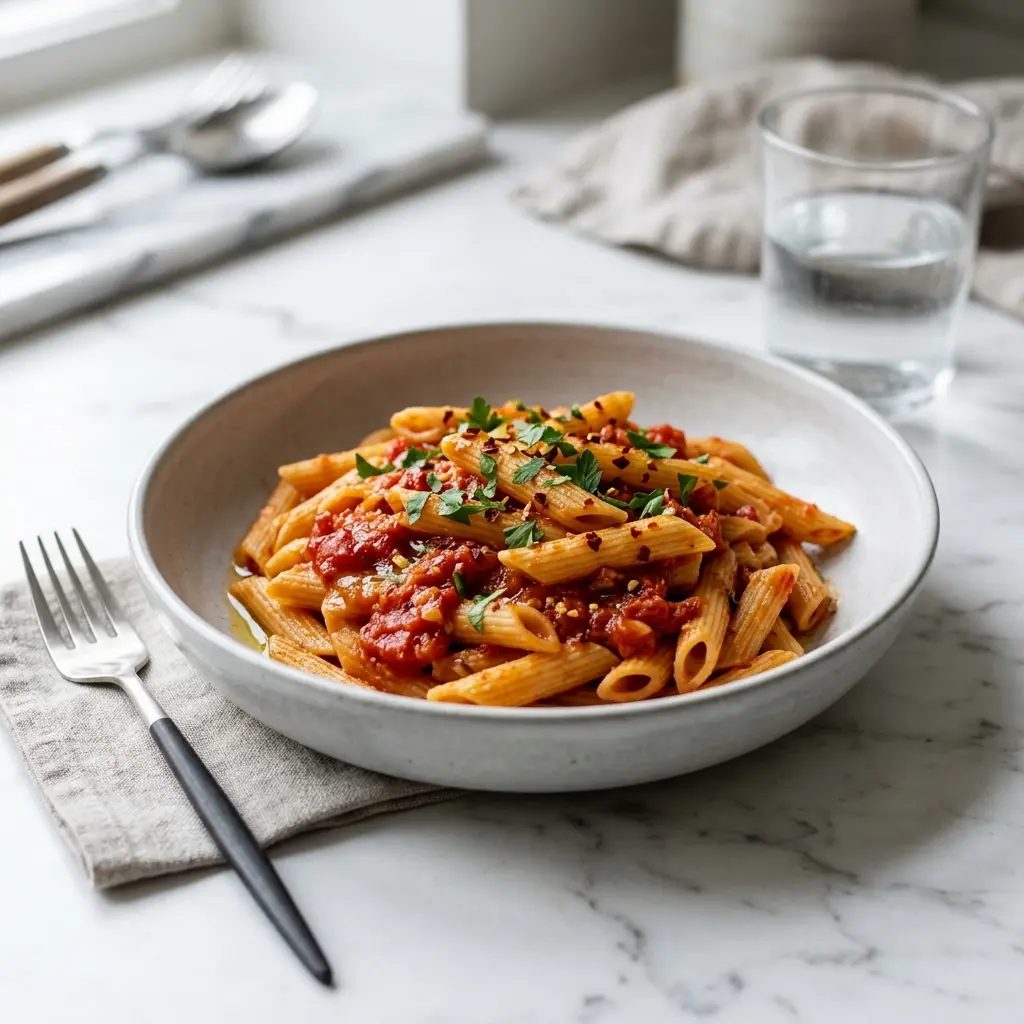Gatavā ēdiena receptes pasta arrabbiata foto