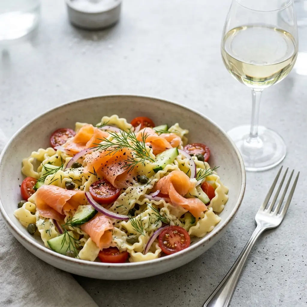 Salātu receptes pastas salāti ar auksti kūpinātu lasi foto
