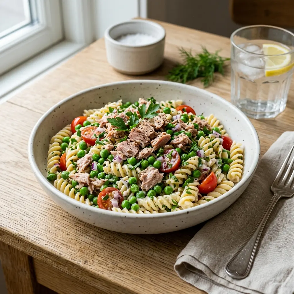 Salātu receptes pastas salāti ar tunci un zirņiem foto