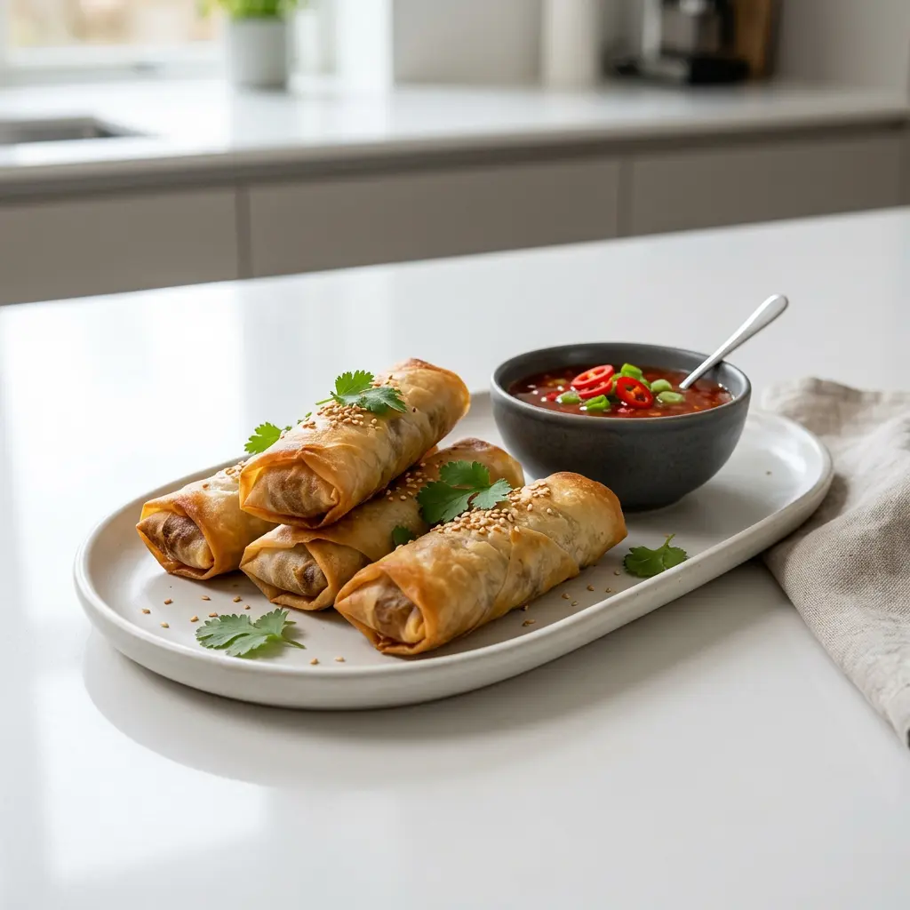 Foto ar Pavasara rullīši karstā gaisa fritētājā, kas pagatavots karstā gaisa fritētājā