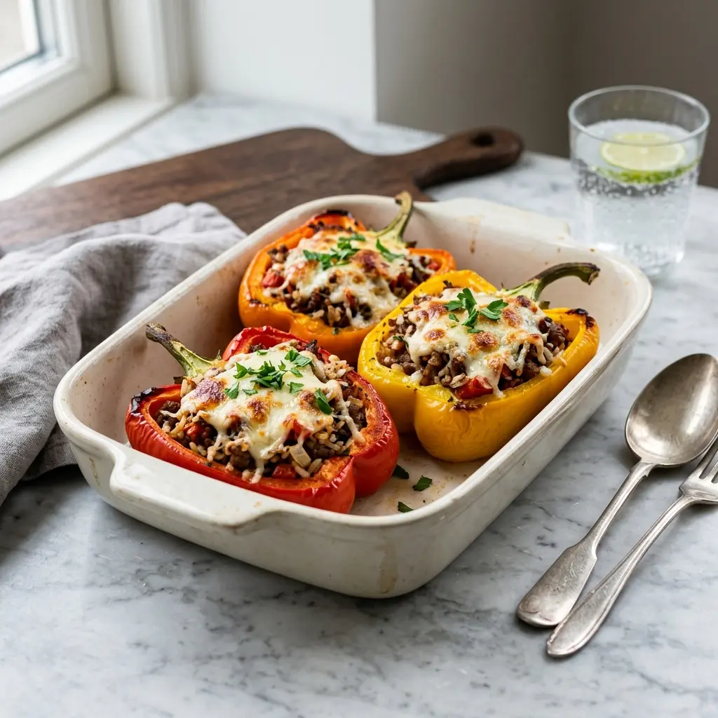 Gatavā ēdiena receptes pildīta paprika ar liellopa gaļu foto