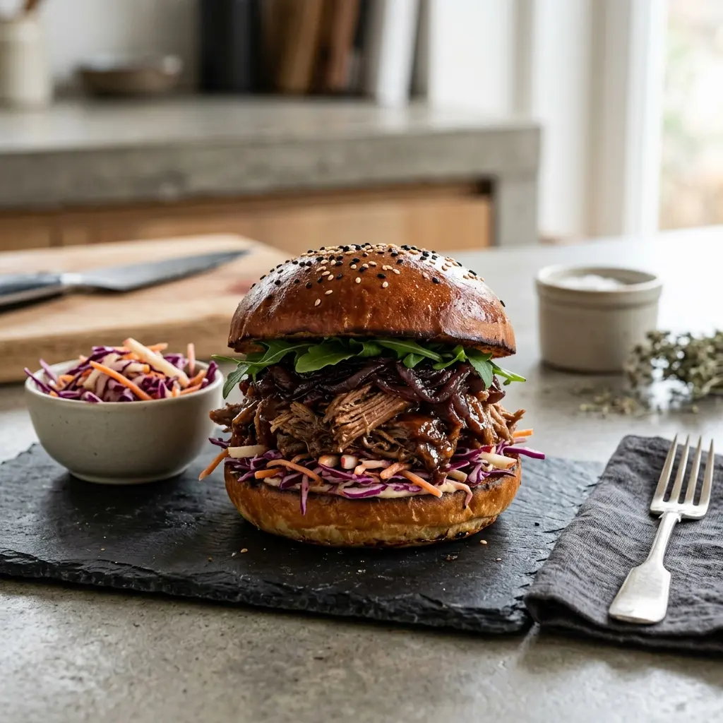 Gatavā ēdiena receptes plucinātas pīles burgers foto