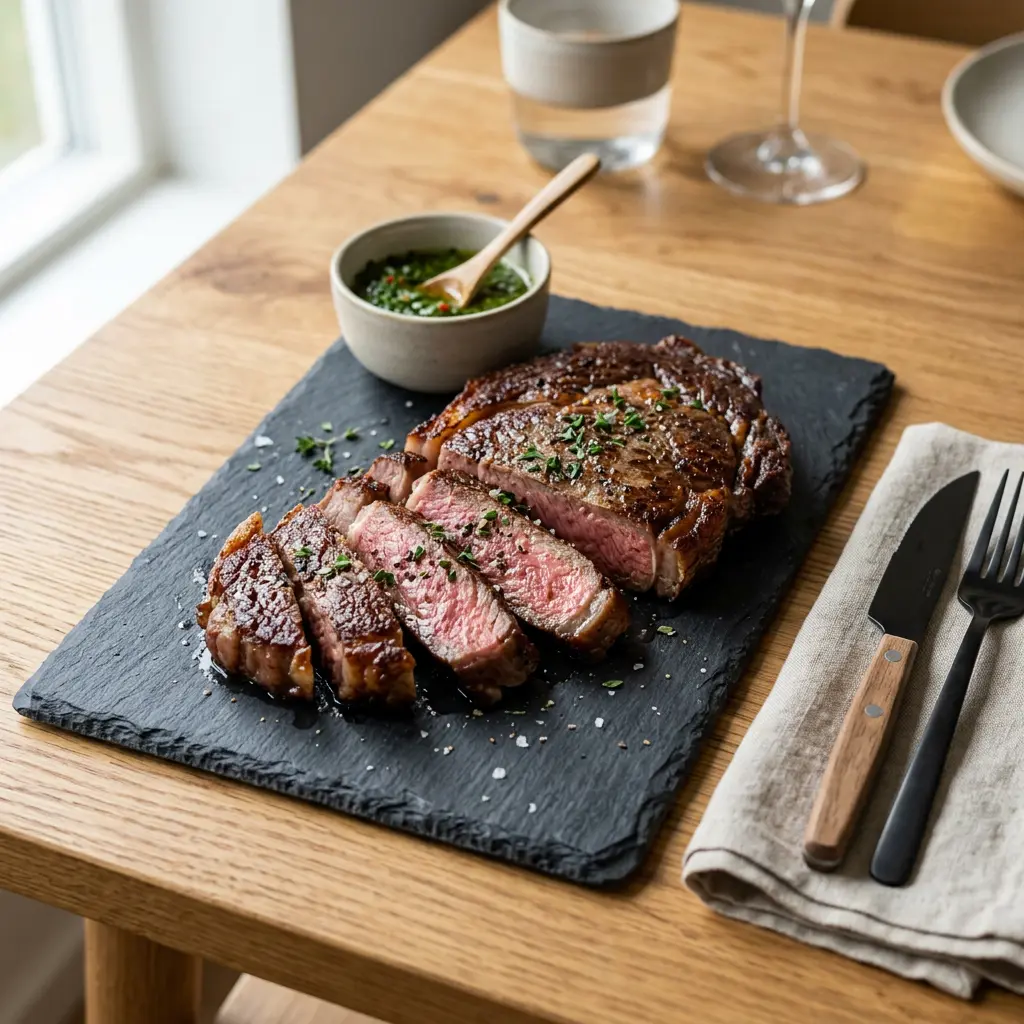 Foto ar Ribeye steiks karstā gaisa fritētājā, kas pagatavots karstā gaisa fritētājā