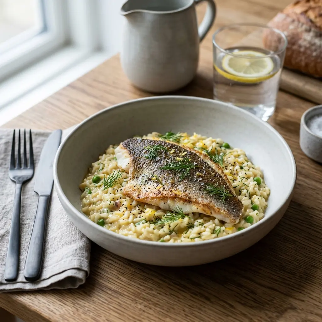 Gatavā ēdiena receptes risoto ar jūras zeltpleksti foto