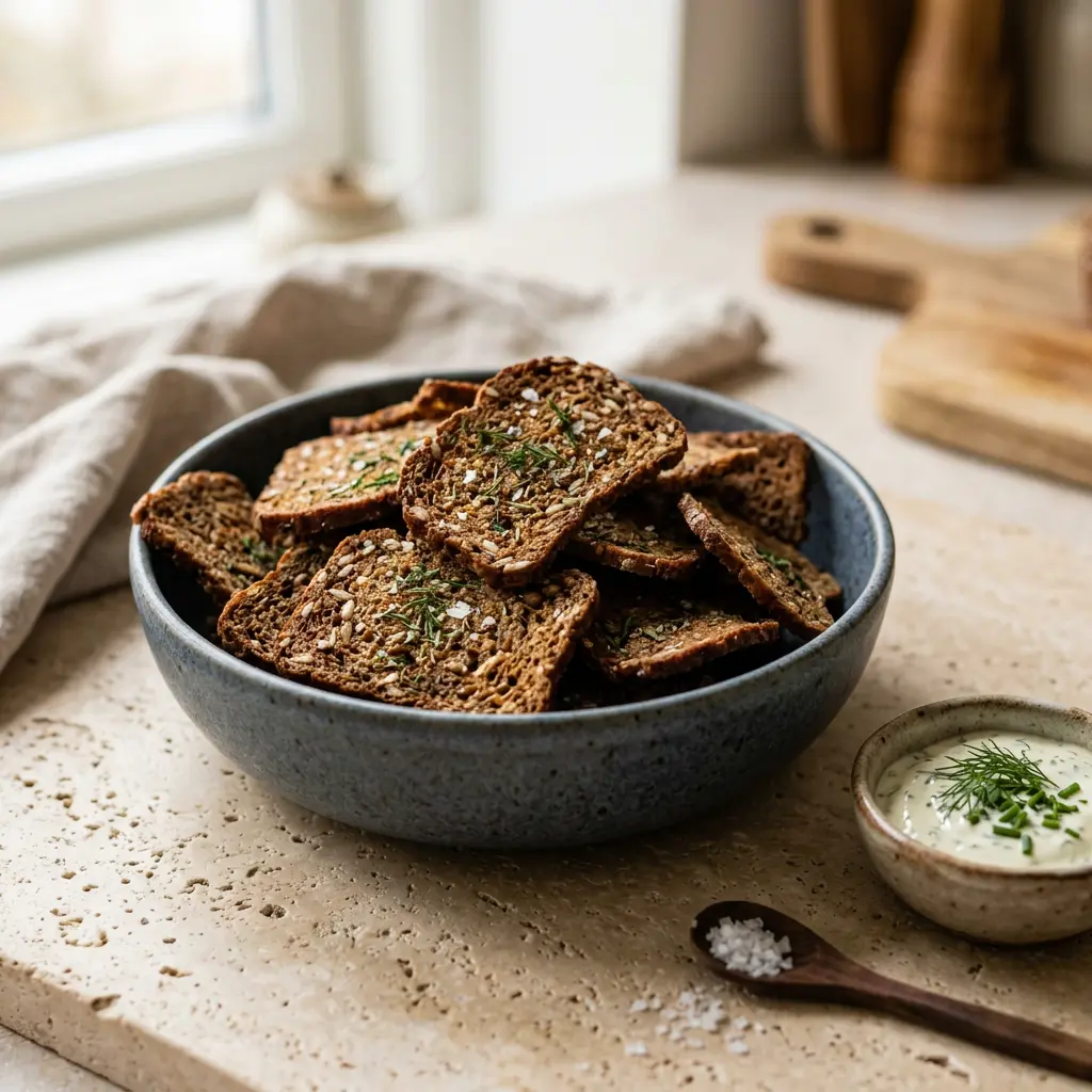 Foto ar Rudzu maizes čipsi karstā gaisa fritētājā, kas pagatavots karstā gaisa fritētājā